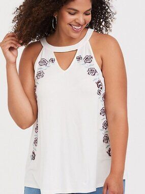 Torrid  0/L/12 Super Soft Floral Embroidered Halter‎ Goddess Tank Top